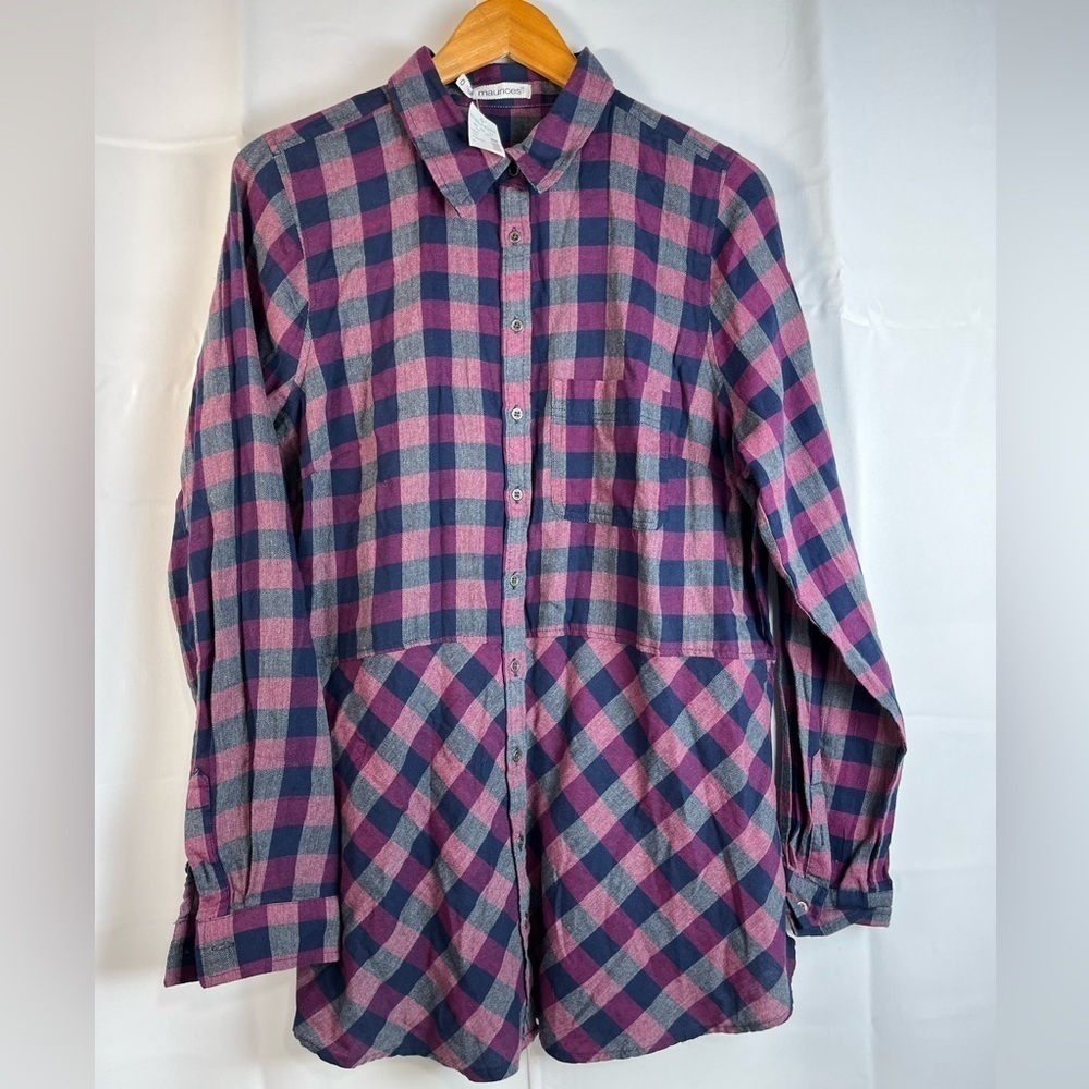 Maurice’s plus size 0 /Xl Womens Button Up Plaid Purple Tunic Shirt Cotton NWT